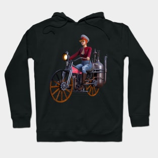 Steampunk woman on steam motorcycle Hoodie